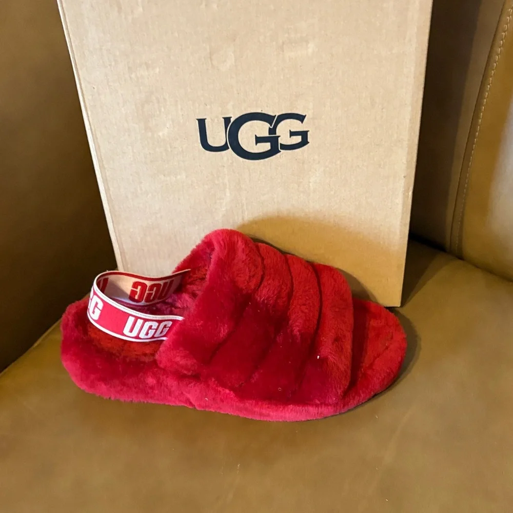 UGG Red Plush Slide Slippers with Branded Heel Strap - Picture 3 of 5